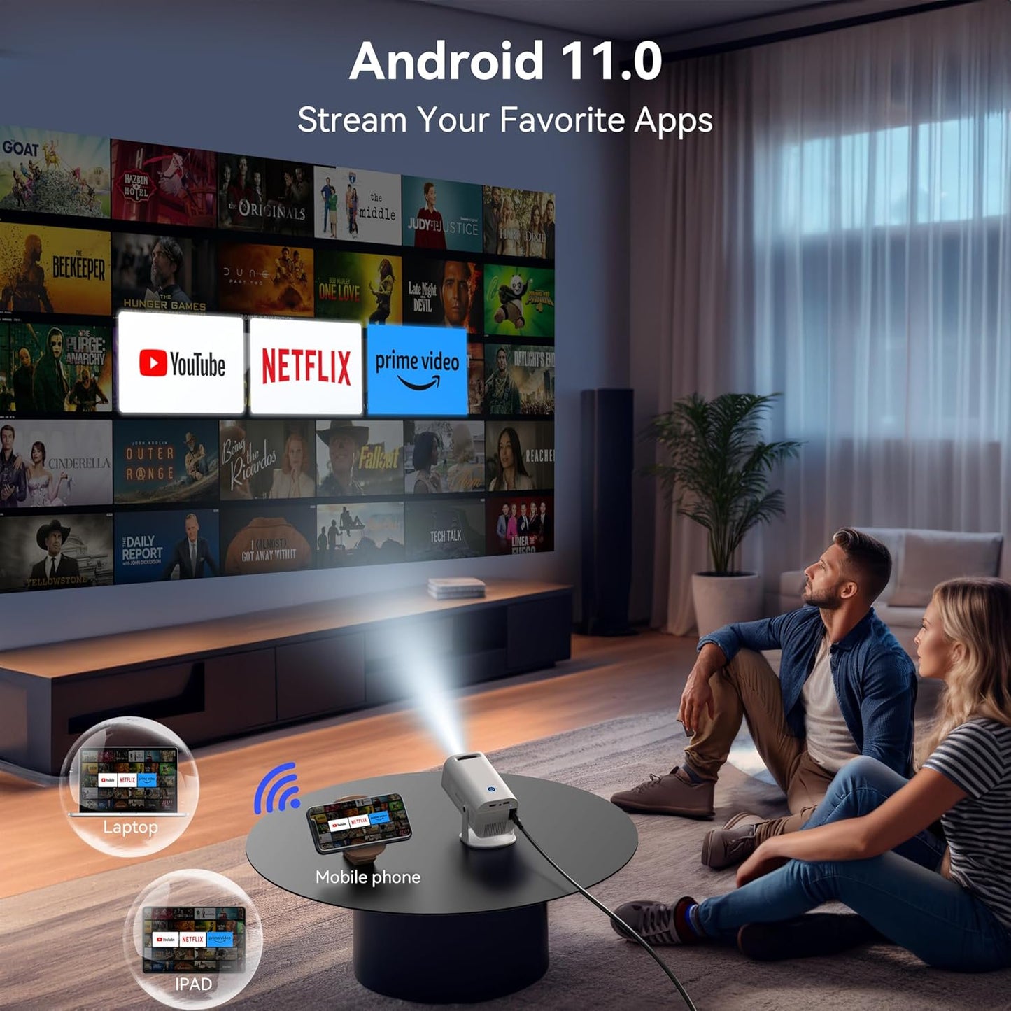 4K Mini Projector with Wi-Fi and Bluetooth 1080P HD Smart Portable Movie Projector with180°Adjustable Stand
