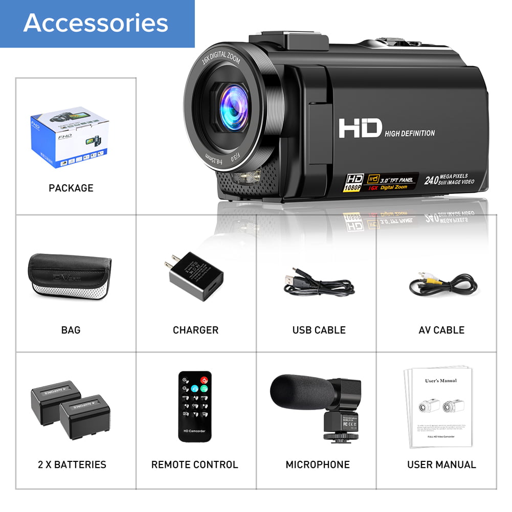 Video Camera Camcorder YouTube Vlogging Camera FHD 1080P 30FPS 24MP 16X Digital Zoom 3" LCD 270 Degrees Rotatable Screen Digital Camera Recorder with Microphone,Remote Control,2 Batteries