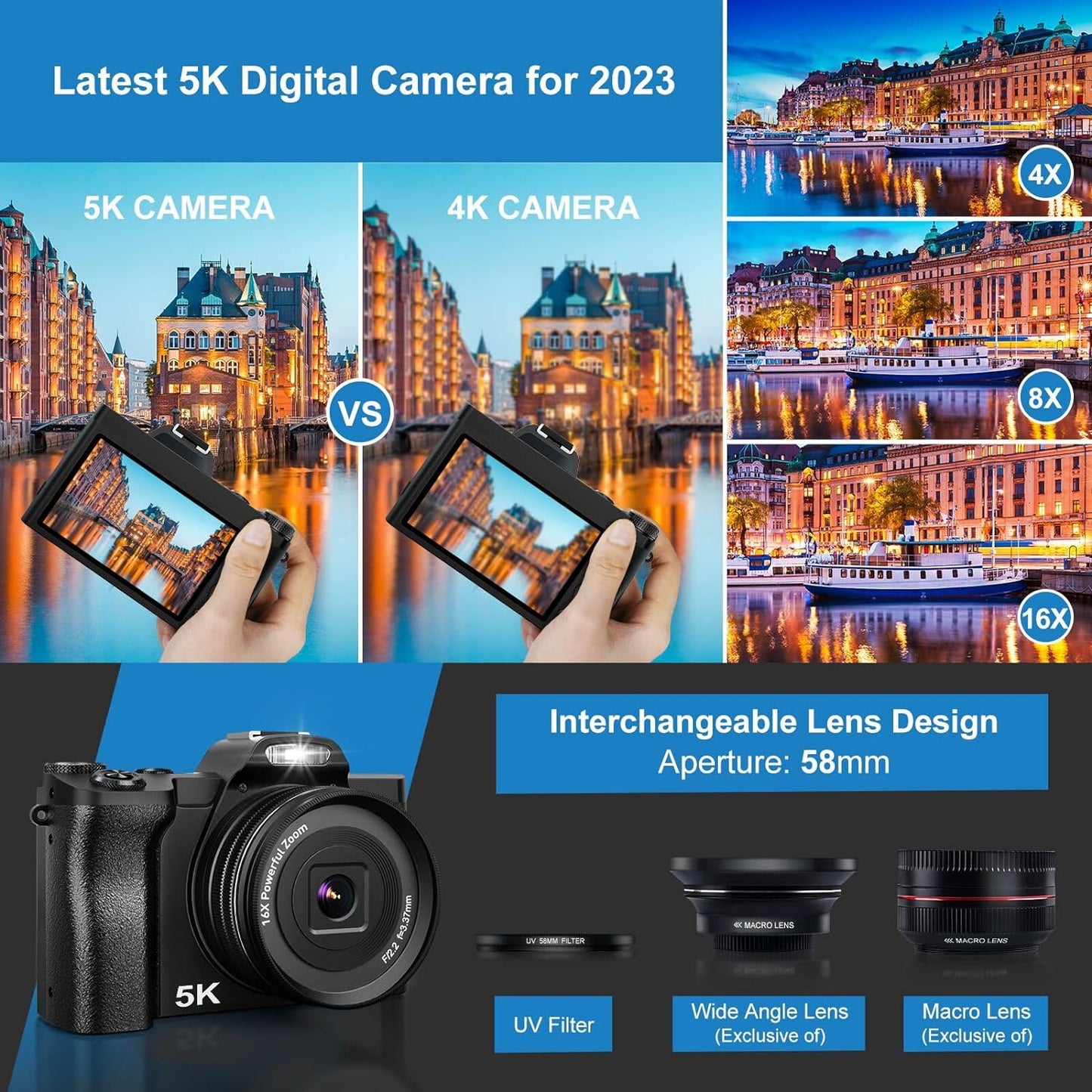 5K Digital Camera WiFi Vlogging Camera for Youtube with 32G SD Card,16X Digital Zoom 48MP Autofocus Camera 6-Axis Stabilization Video Camera with UV Filter and 2 Batteries
