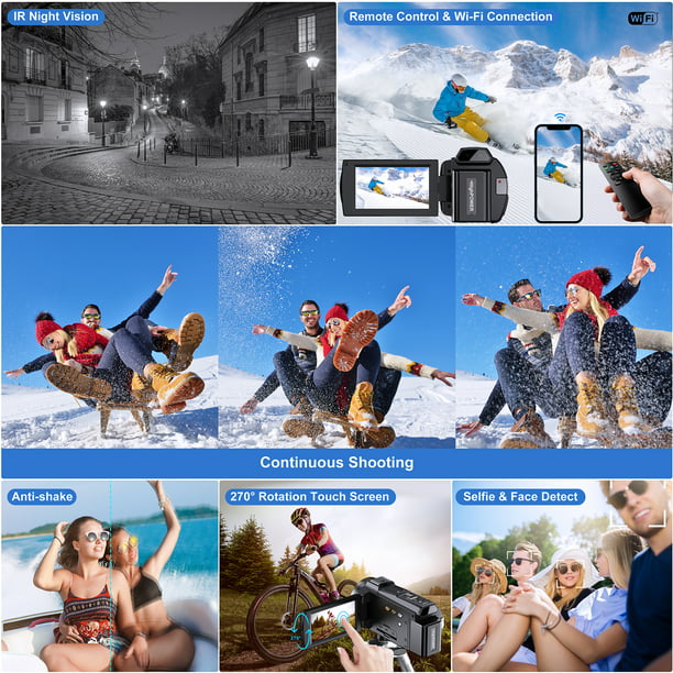 4K Video Camera Camcorder UHD 48MP WiFi IR Night Vision Vlogging Camera for YouTube Touch Screen 16X Digital Zoom Camera Recorder with Microphone, Handheld Stabilizer, Lens Hood, Remote,2 Batteries