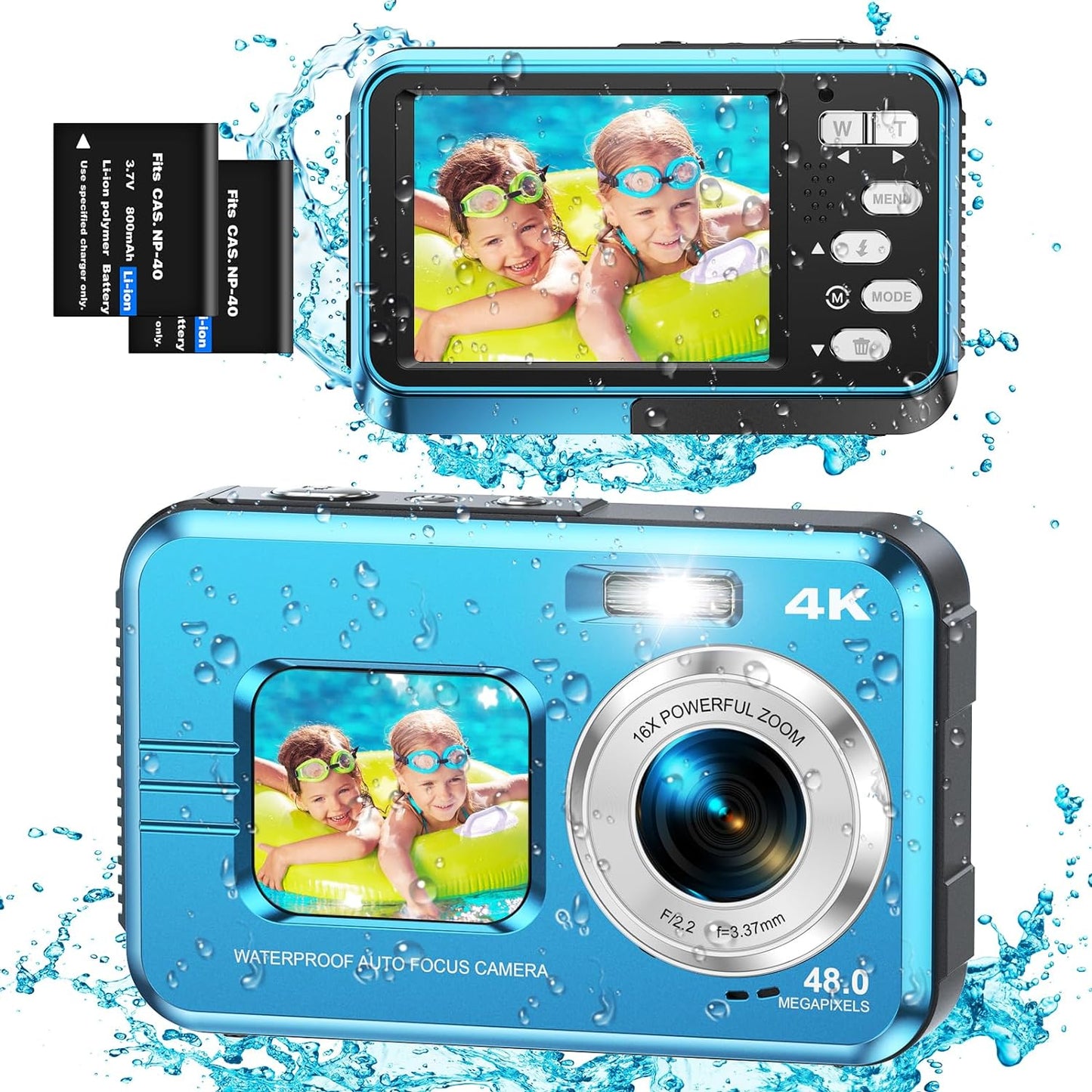 Waterproof Camera 4K Dual Screen Underwater Camera for Snorkeling with 64G SD Card,Action Camera with 16X Digital Zoom 48 MP Autofocus ,2 Battery(Blue)