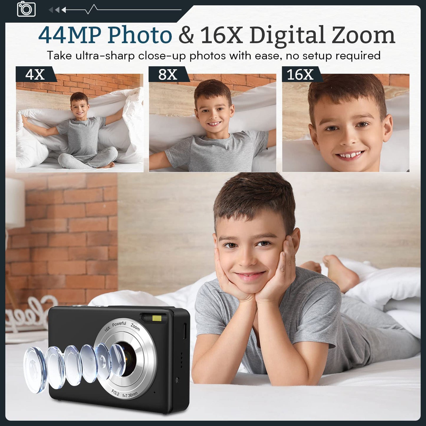 Digital Camera,FHD 1080P Digital Camera for Kids Video Camera with 32GB Card 16X Digital Zoom, Compact Point and Shoot Camera Portable Small Camera for Teens Students Boys Girls Seniors