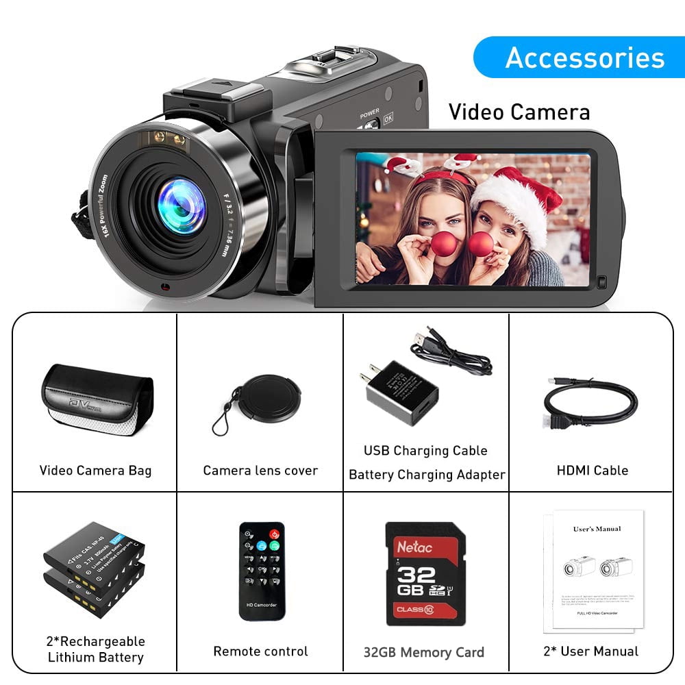Video Camera Camcorder for Filming with 32G SD Card FHD 1080P 36MP 30FPS 3” 270° Rotating IPS Screen IR Night Vision Vlogging Camera for YouTube