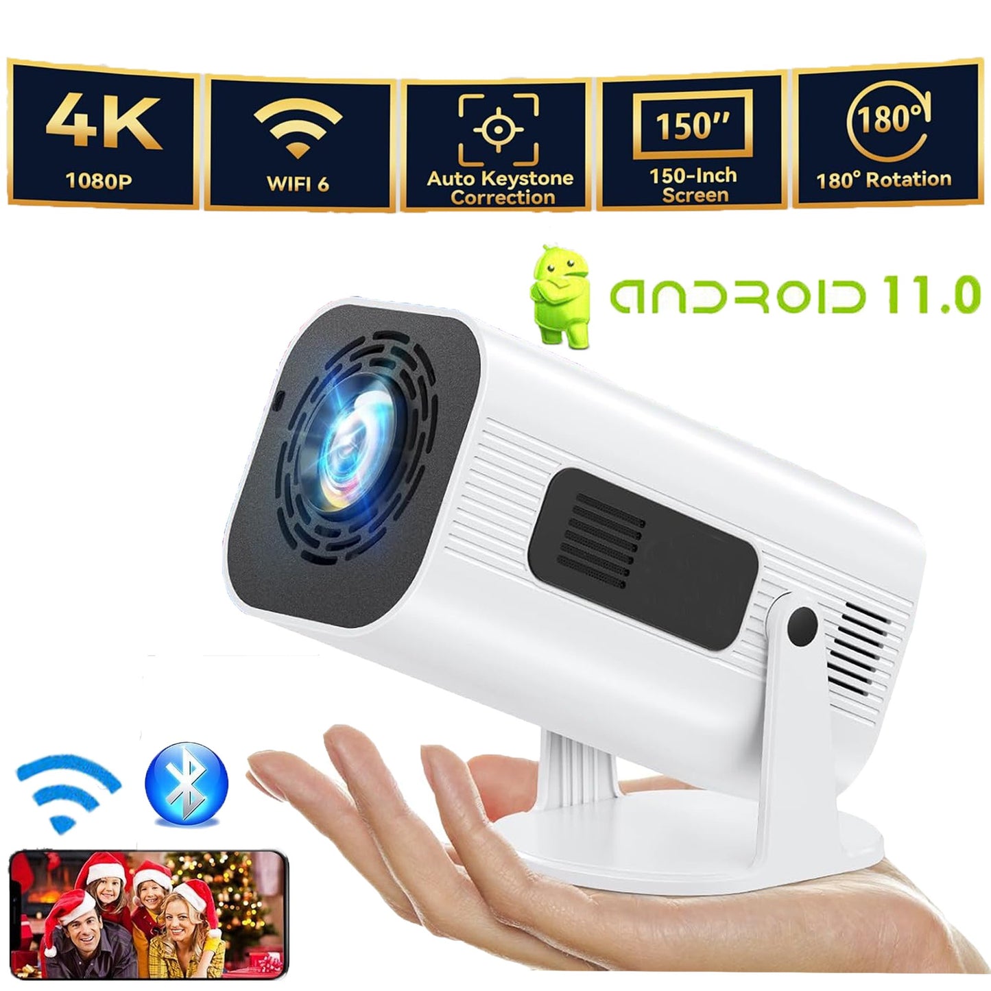 4K Mini Projector with Wi-Fi and Bluetooth 1080P HD Smart Portable Movie Projector with180°Adjustable Stand