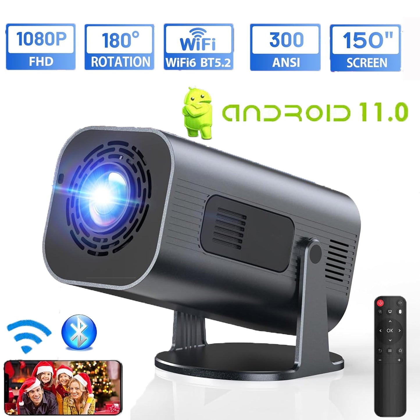4K Mini Projector with Wi-Fi and Bluetooth 1080P HD Smart Portable Movie Projector with180°Adjustable Stand