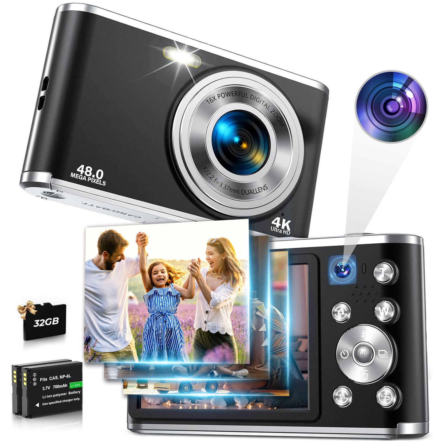 ACTITOP 4K Digital Camera with Autofocus Front and Rear Cameras with 32GB Card 48MP Vlogging Camera for YouTube 16X Digital Zoom Portable Compact Travel Camera,Black