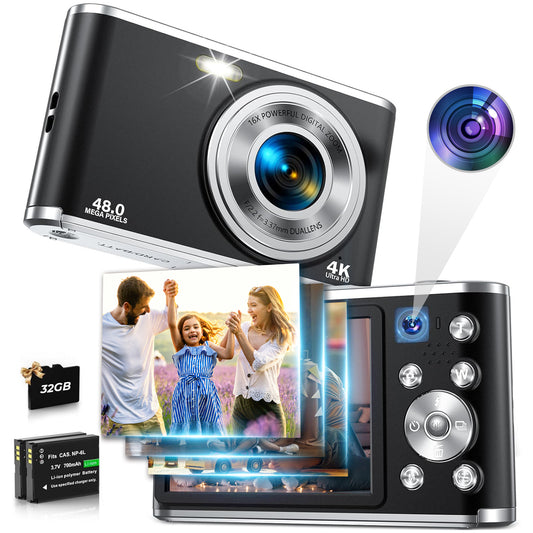 ACTITOP 4K Digital Camera with Autofocus Front and Rear Cameras with 32GB Card 48MP Vlogging Camera for YouTube 16X Digital Zoom Portable Compact Travel Camera,Black