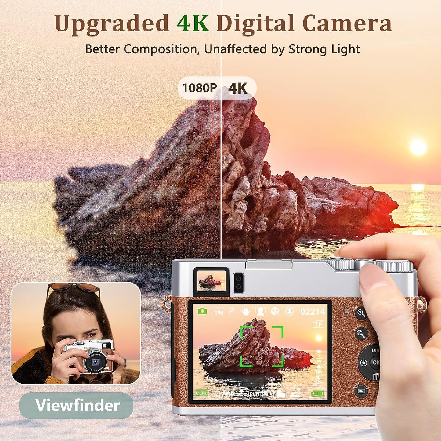 4K Vlogging Camera with Flash Viewfinder & Dial-48MP Digital Video Camera for YouTube with 32GB Card 16X Autofocus Anti-Shake cameras for photography (2 Batteries)