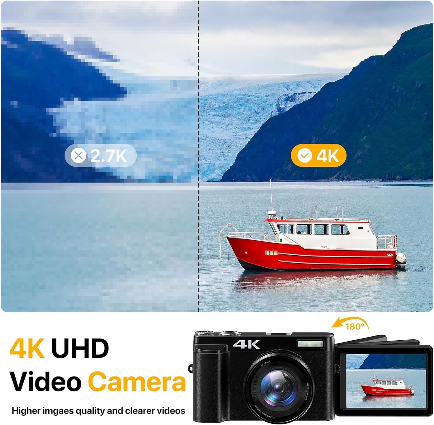 Digital Camera 4K Vlogging Camera for YouTube with 32GB SD Card 180° 3.0 inch Flip Screen 16X Anti-Shake Auto-Focus 48MP Video Camera for Photograph