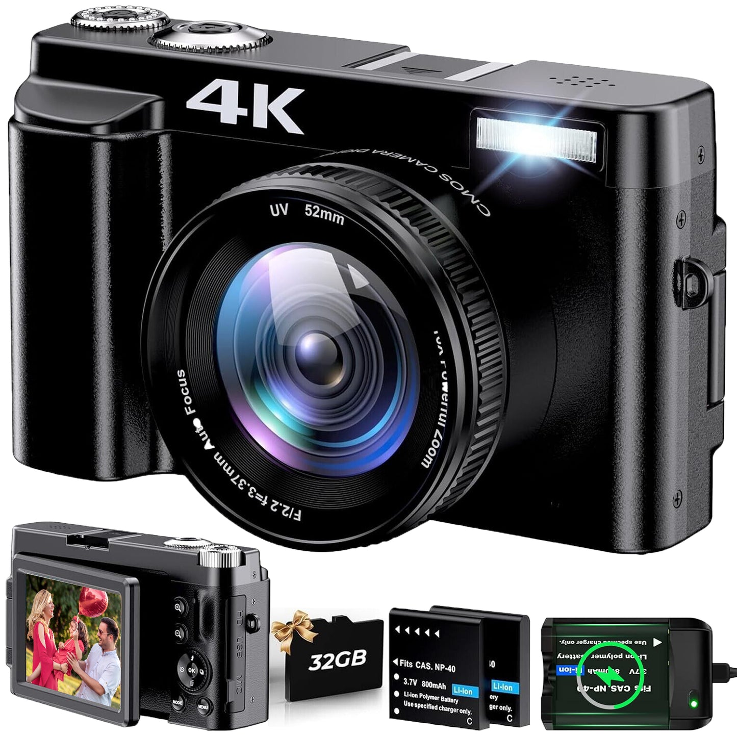 4K Video Camera Camcorder Youtube Vlogging Camera 30FPS 48MP 16X Digital Zoom Camcorder Camera with 2 Batteries