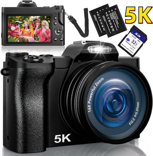 5K Digital Camera WiFi Vlogging Camera for Youtube with 32G SD Card,16X Digital Zoom 48MP Autofocus Camera 6-Axis Stabilization Video Camera with UV Filter and 2 Batteries