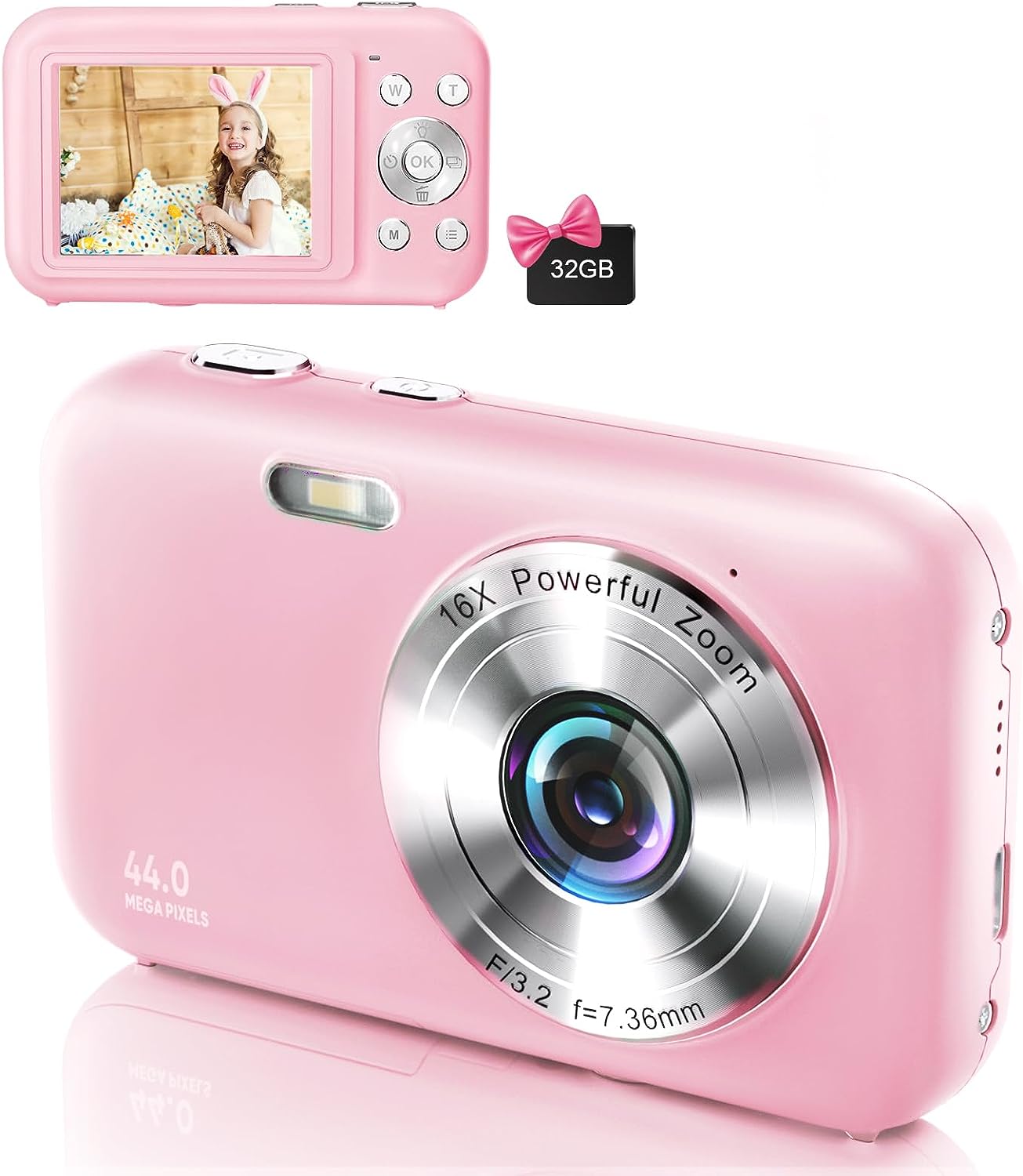 Digital Camera FHD 1080P Camera for Kids 44MP Point and Camera with 32GB Card 16X Zoom Anti Shake Compact Small Vlogging Camera for Teens Boys Girls