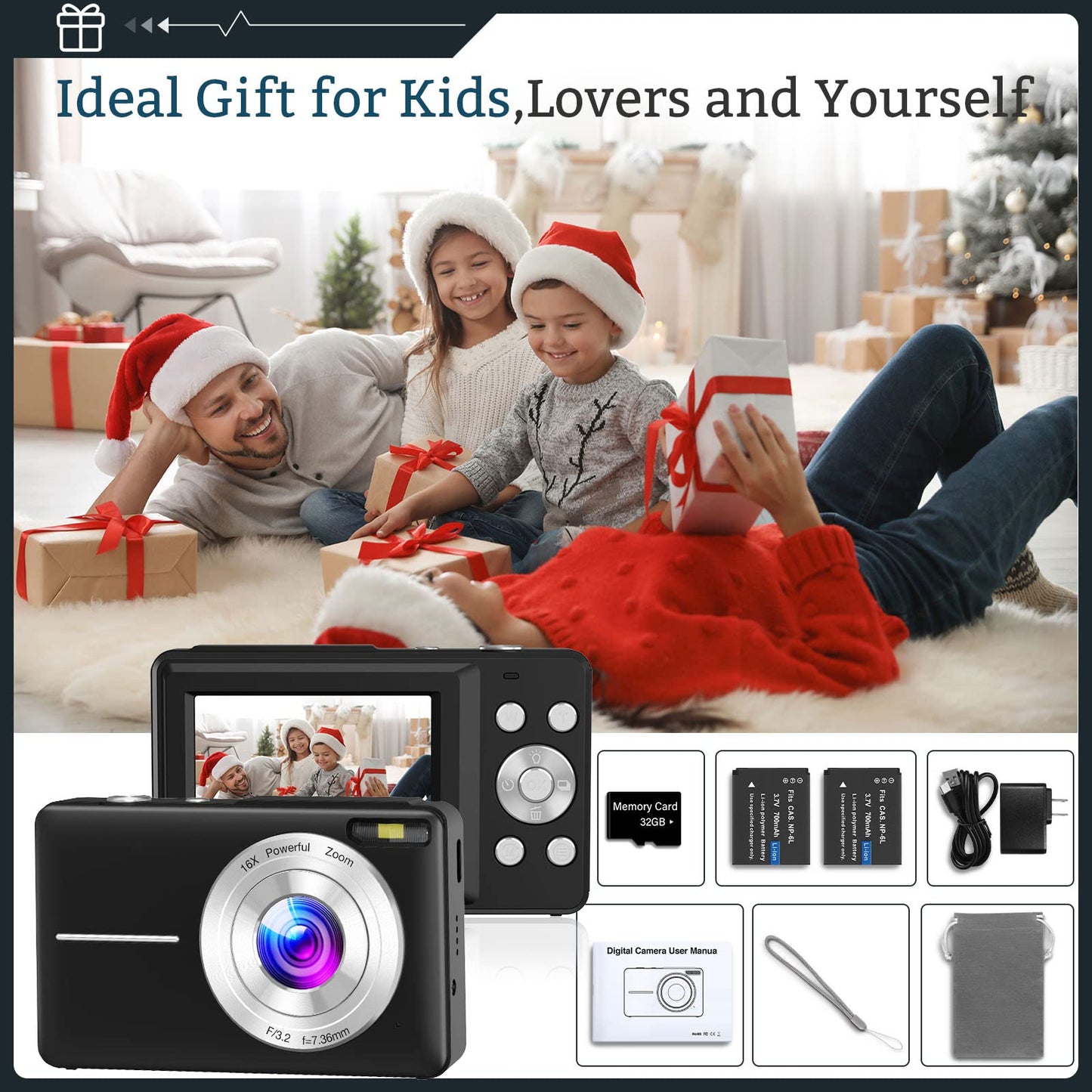 Digital Camera,FHD 1080P Digital Camera for Kids Video Camera with 32GB Card 16X Digital Zoom, Compact Point and Shoot Camera Portable Small Camera for Teens Students Boys Girls Seniors