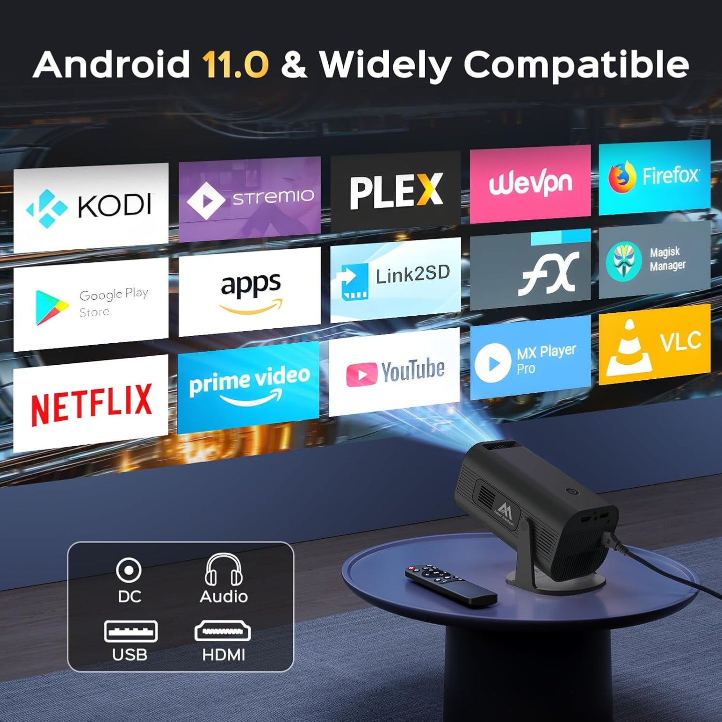 4K Mini Projector with Wi-Fi and Bluetooth 1080P HD Smart Portable Movie Projector with180°Adjustable Stand