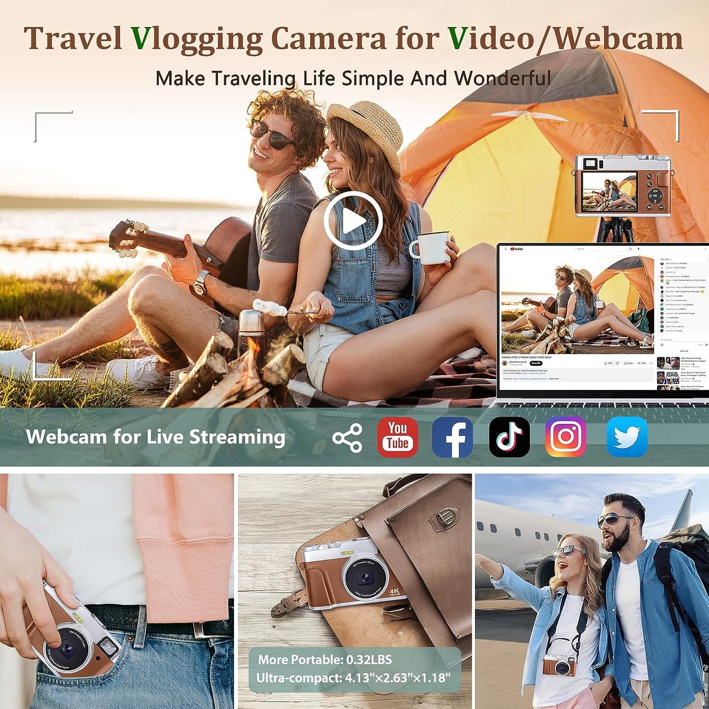 4K Vlogging Camera with Flash Viewfinder & Dial-48MP Digital Video Camera for YouTube with 32GB Card 16X Autofocus Anti-Shake cameras for photography (2 Batteries)