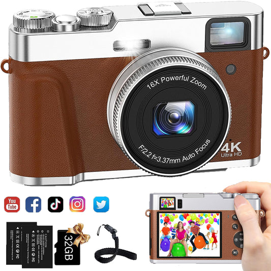 4K Vlogging Camera with Flash Viewfinder & Dial-48MP Digital Video Camera for YouTube with 32GB Card 16X Autofocus Anti-Shake cameras for photography (2 Batteries)