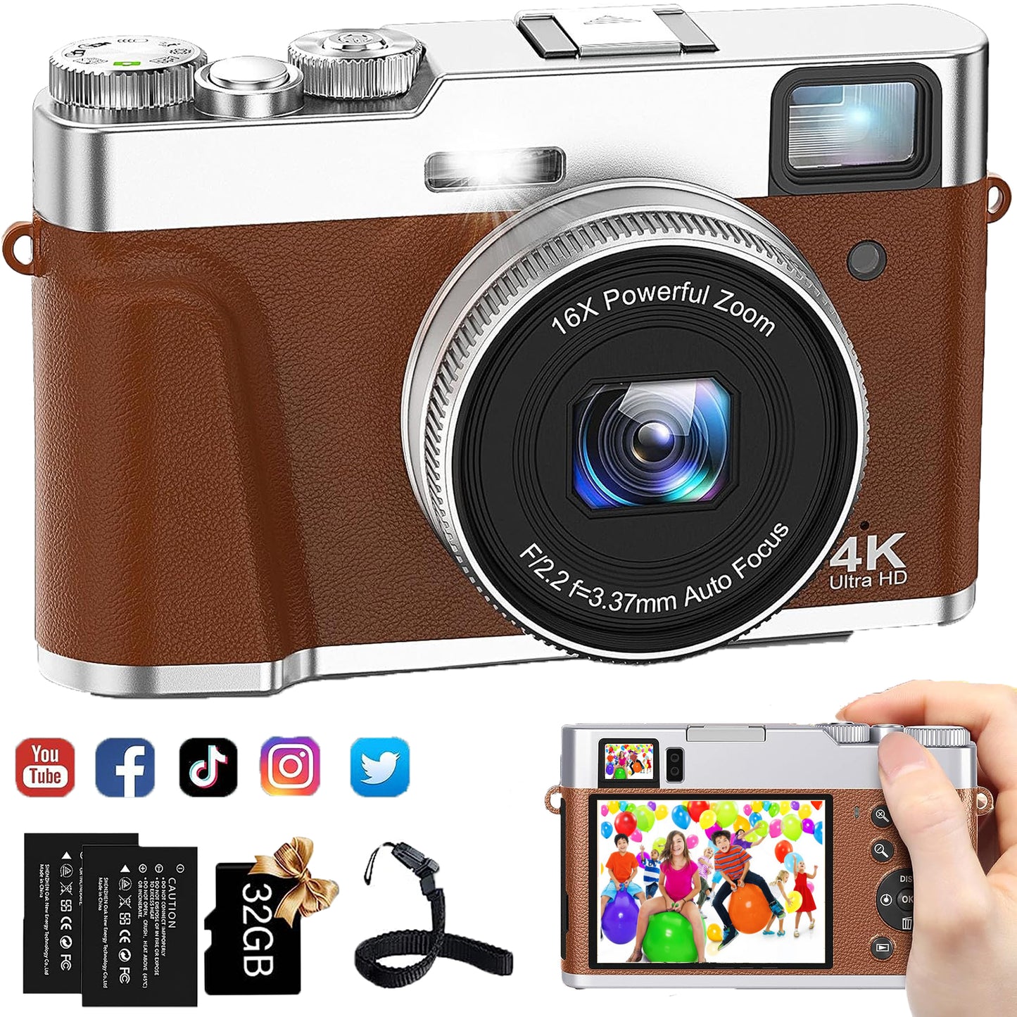 4K Digital Camera for Photography with Viewfinder 48MP Vlogging Camera for YouTube with 32GB Card 16X Autofocus Anti-Shake Travel Portable Video Camera Camcorder