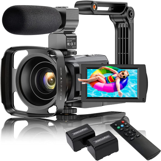4K Video Camera Camcorder UHD 48MP WiFi IR Night Vision Vlogging Camera for YouTube Touch Screen 16X Digital Zoom Camera Recorder with Microphone, Handheld Stabilizer, Lens Hood, Remote,2 Batteries