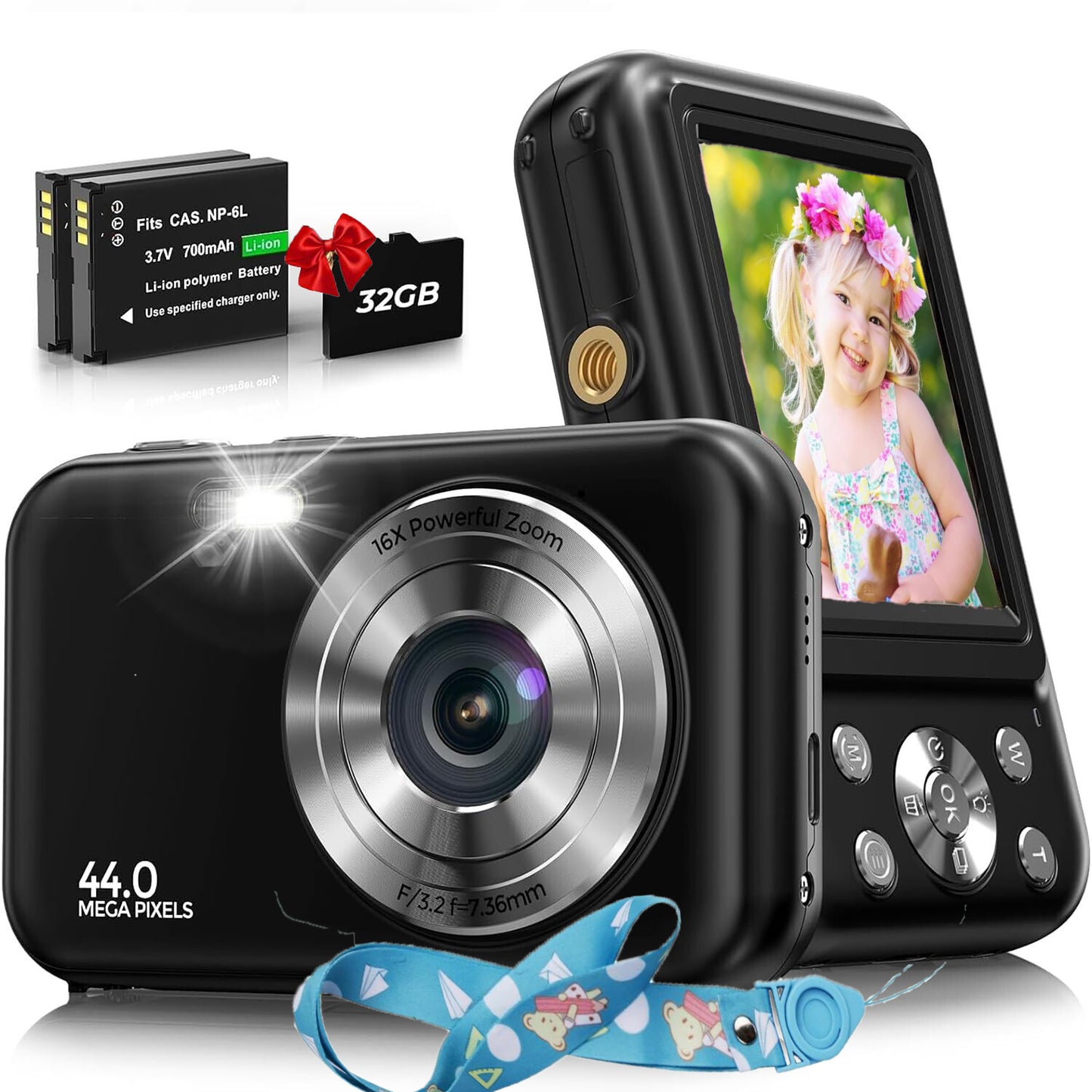 Digital Camera FHD 1080P Camera for Kids 44MP Point and Camera with 32GB Card 16X Zoom Anti Shake Compact Small Vlogging Camera for Teens Boys Girls