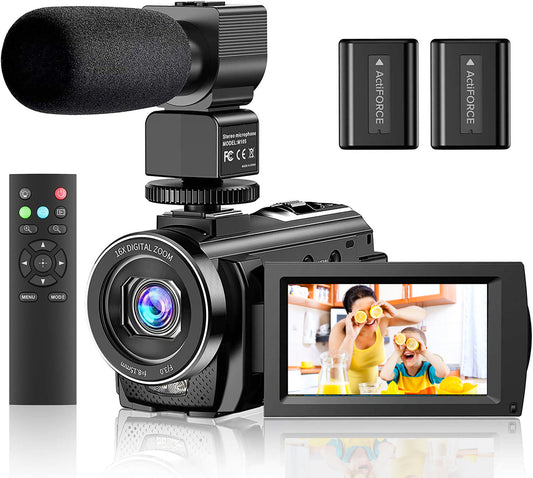 Video Camera Camcorder Ultra FHD 1080P 30FPS 24MP YouTube Vlogging Camera 3.0 Touch Screen 16X Digital Zoom with Remote Control Microphone 2 Batteries