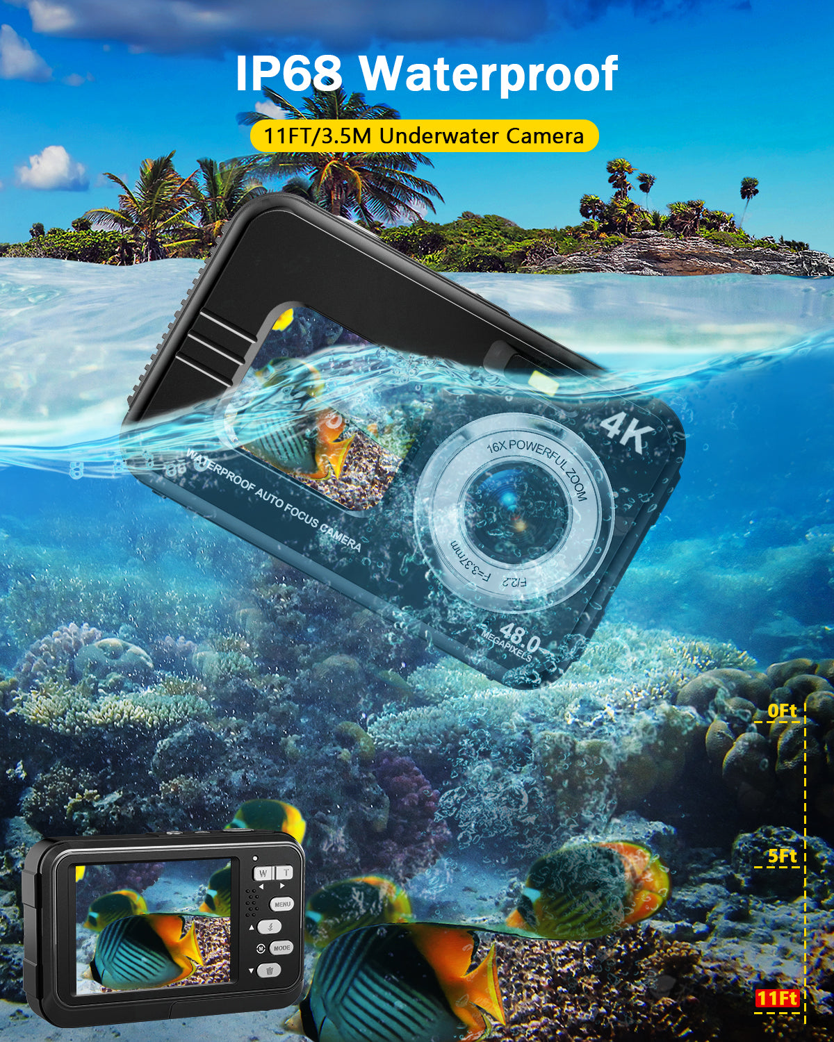 Waterproof Camera 4K Dual Screen Underwater Camera for Snorkeling with 64G SD Card,Action Camera with 16X Digital Zoom 48 MP Autofocus ,2 Battery(Blue)