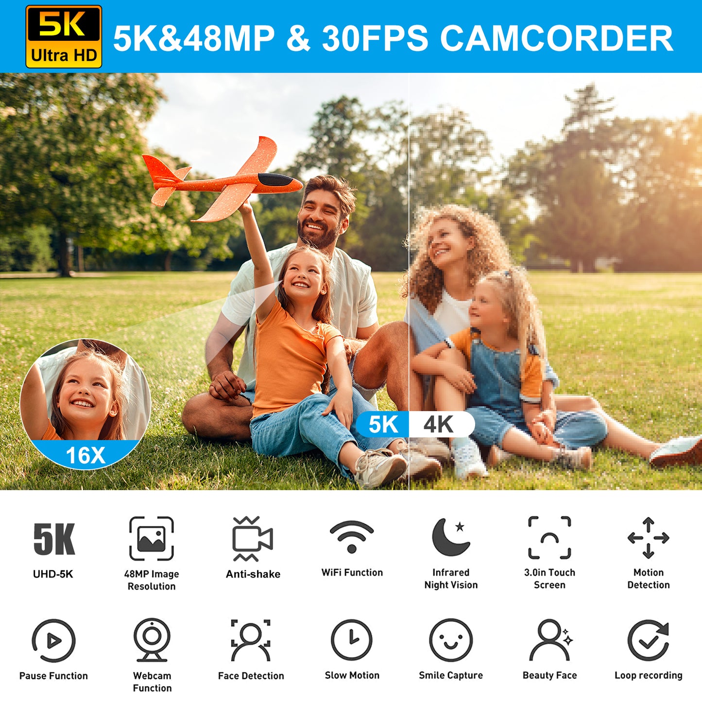 5K Video Camera Camcorder 48MP UHD Wifi IR Night Vision Vlogging Camera for YouTube 16X Digital Zoom Touch Screen Vlog Camera with External Microphone,Lens Hood,Stabilizer,Remote,2 Batteries