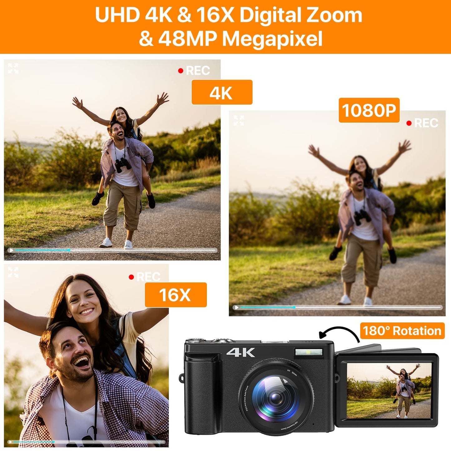 Vlogging Camera 4K Digital Camera for YouTube Autofocus with 32GB SD Card 16X Digital Zoom 48MP Video Cameras Camcorder for Photography