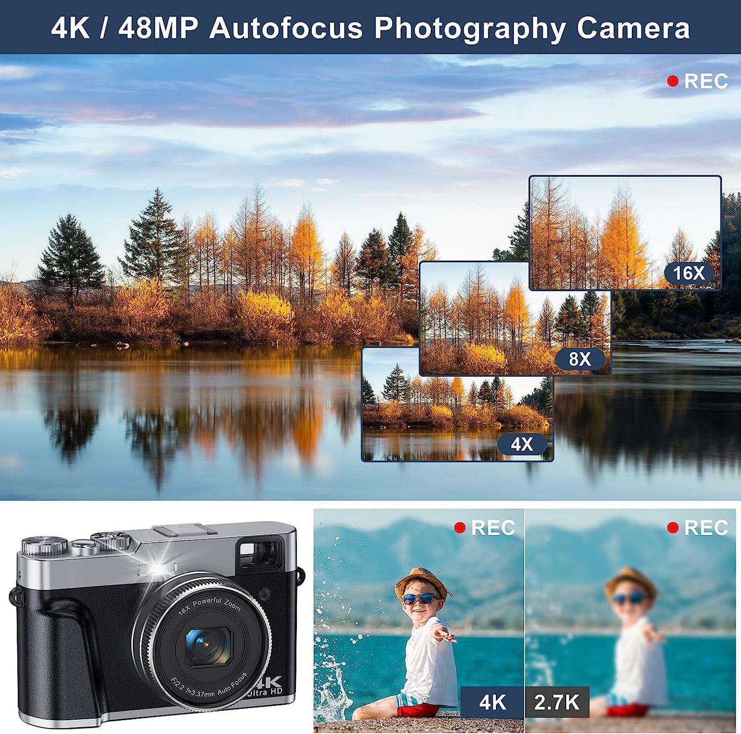 4K Digital Camera for Photography with Viewfinder 48MP Vlogging Camera for YouTube with 32GB Card 16X Autofocus Anti-Shake Travel Portable Video Camera Camcorder