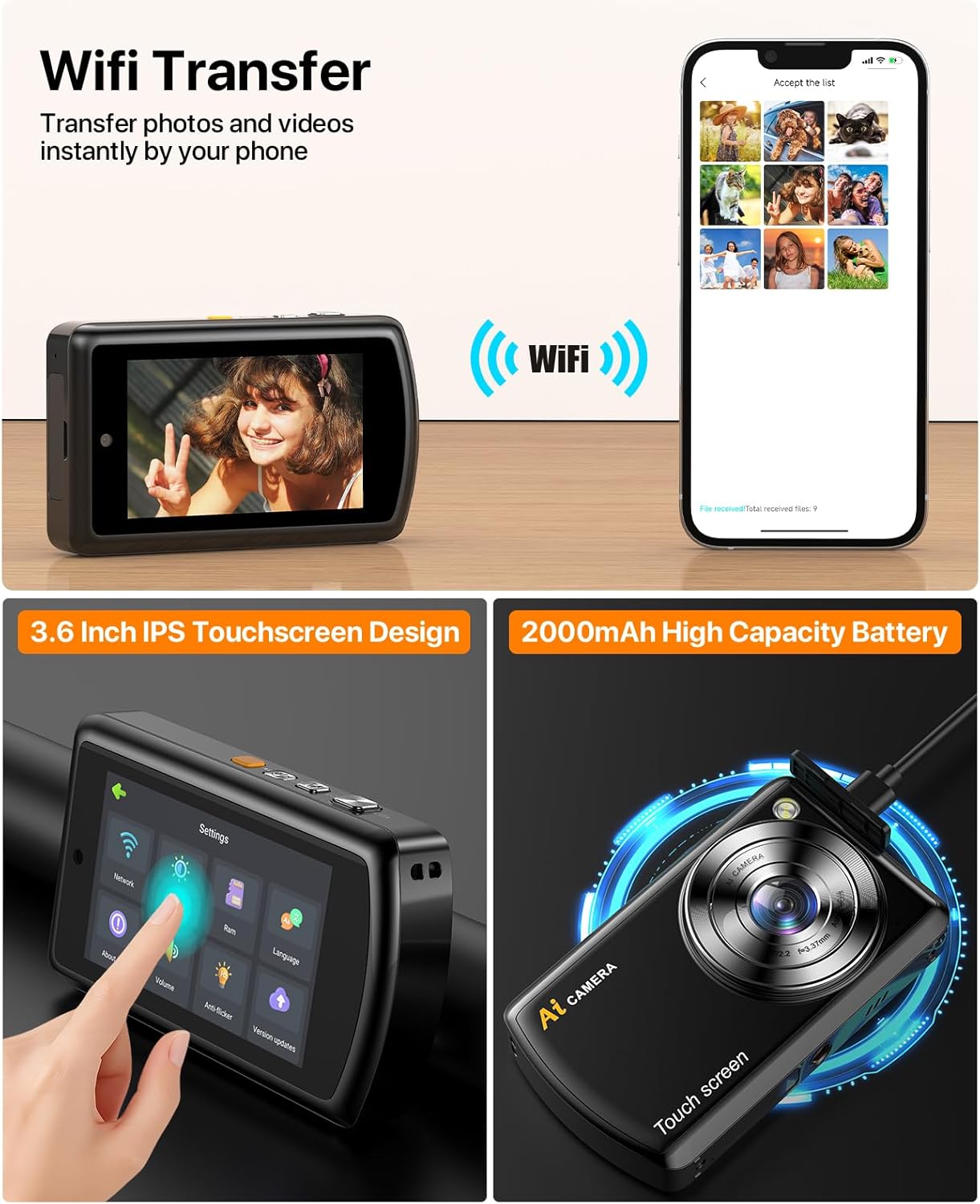AI Digital Camera WiFi Autofocu Dual Lens Smart Point and Shoot Camera with 3.6" IPS Touchscreen,Beauty & AR Filters Kids Cameras with 32GB Card for Beginners and Teens
