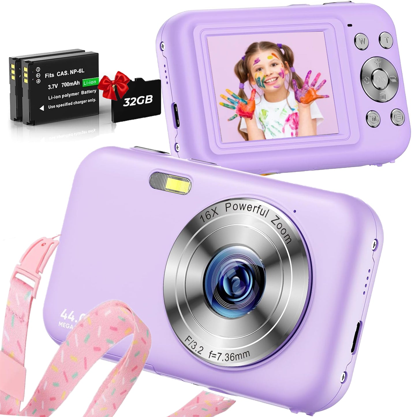 Digital Camera FHD 1080P Camera for Kids 44MP Point and Camera with 32GB Card 16X Zoom Anti Shake Compact Small Vlogging Camera for Teens Boys Girls