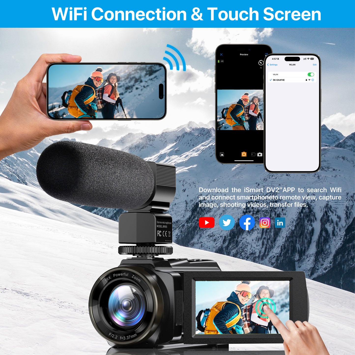 5K Video Camera Camcorder 48MP UHD Wifi IR Night Vision Vlogging Camera for YouTube 16X Digital Zoom Touch Screen Vlog Camera with External Microphone,Lens Hood,Stabilizer,Remote,2 Batteries