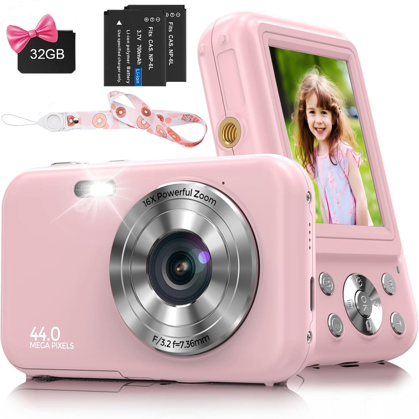 Digital Camera FHD 1080P Camera for Kids 44MP Point and Camera with 32GB Card 16X Zoom Anti Shake Compact Small Vlogging Camera for Teens Boys Girls