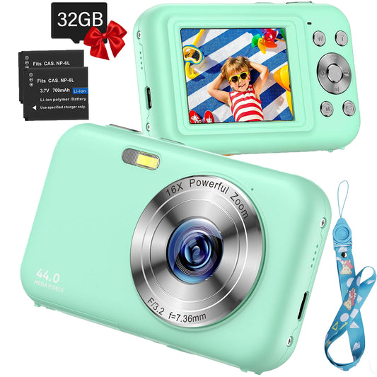 Digital Camera FHD 1080P Camera for Kids 44MP Point and Camera with 32GB Card 16X Zoom Anti Shake Compact Small Vlogging Camera for Teens Boys Girls