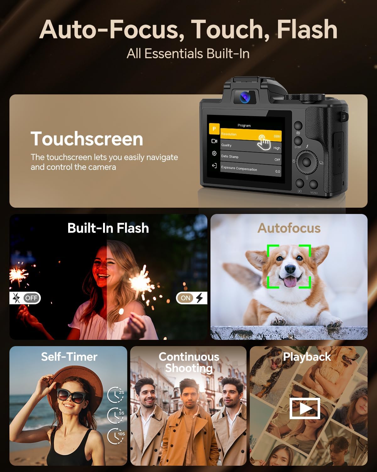 ACTITOP Digital Camera for Photography 8K 88MP Autofocus WiFi Vlog Dual Camera for YouTube with 32GB Card,16X Digital Zoom Touch Screen Video Camera