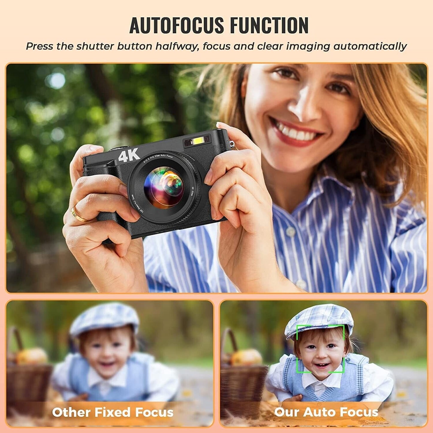 Vlogging Camera 4K Digital Camera for YouTube Autofocus with 32GB SD Card 16X Digital Zoom 48MP Video Cameras Camcorder for Photography