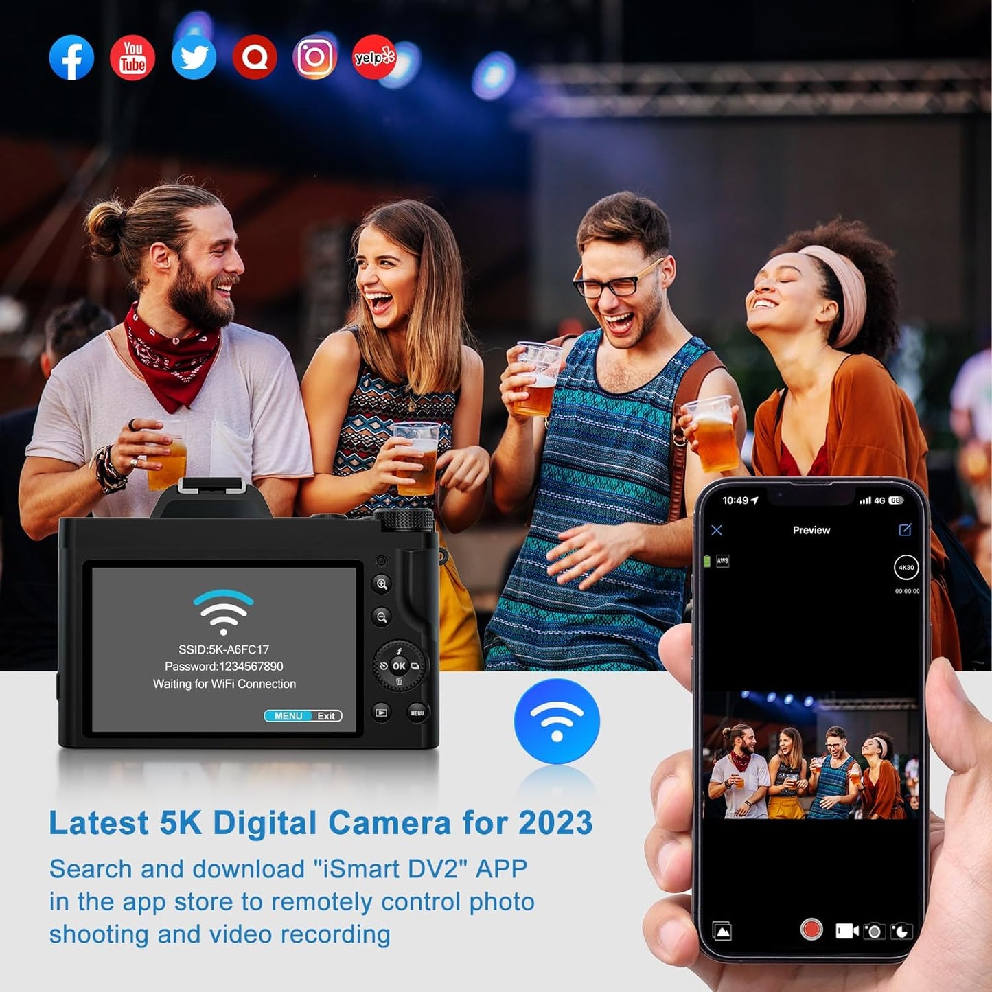 5K Digital Camera WiFi Vlogging Camera for Youtube with 32G SD Card,16X Digital Zoom 48MP Autofocus Camera 6-Axis Stabilization Video Camera with UV Filter and 2 Batteries