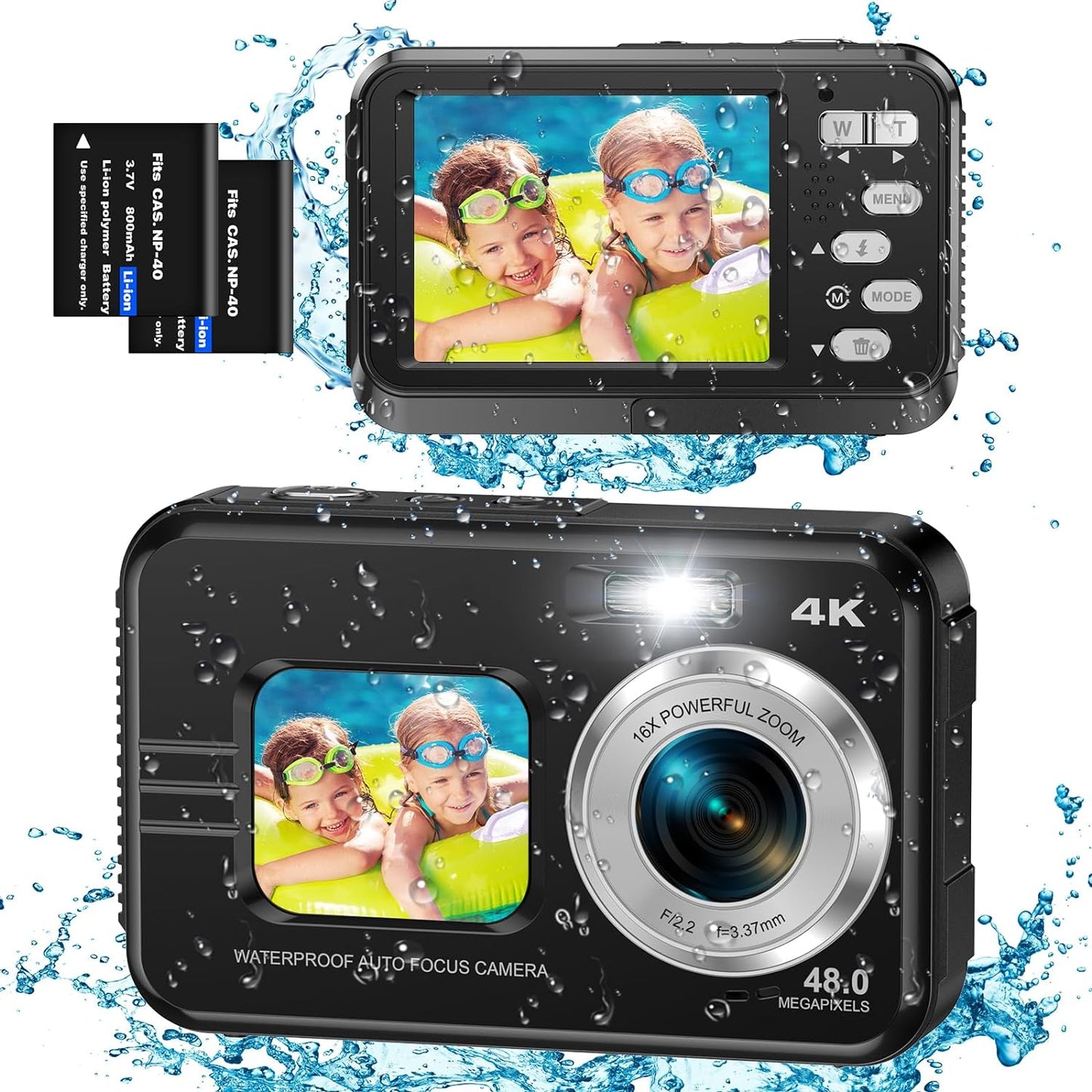 Waterproof Camera 4K Dual Screen Underwater Camera for Snorkeling with 64G SD Card,Action Camera with 16X Digital Zoom 48 MP Autofocus ,2 Battery(Blue)