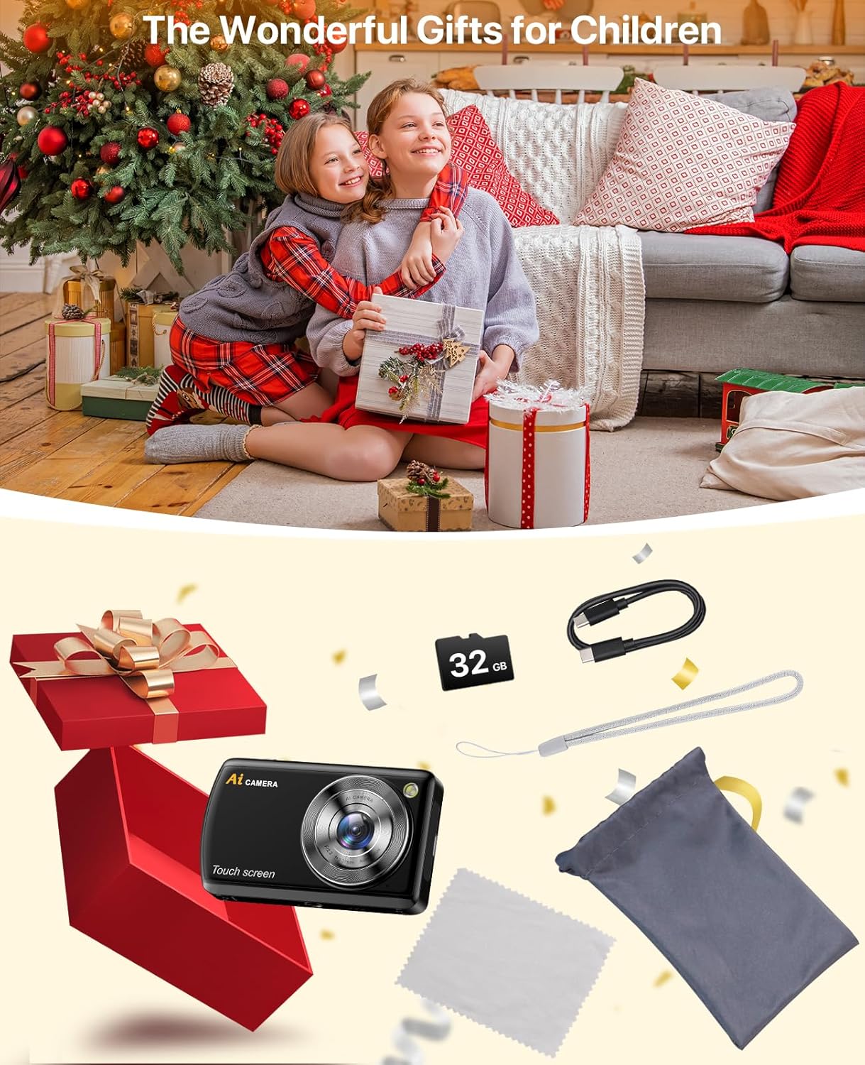 AI Digital Camera WiFi Autofocu Dual Lens Smart Point and Shoot Camera with 3.6" IPS Touchscreen,Beauty & AR Filters Kids Cameras with 32GB Card for Beginners and Teens