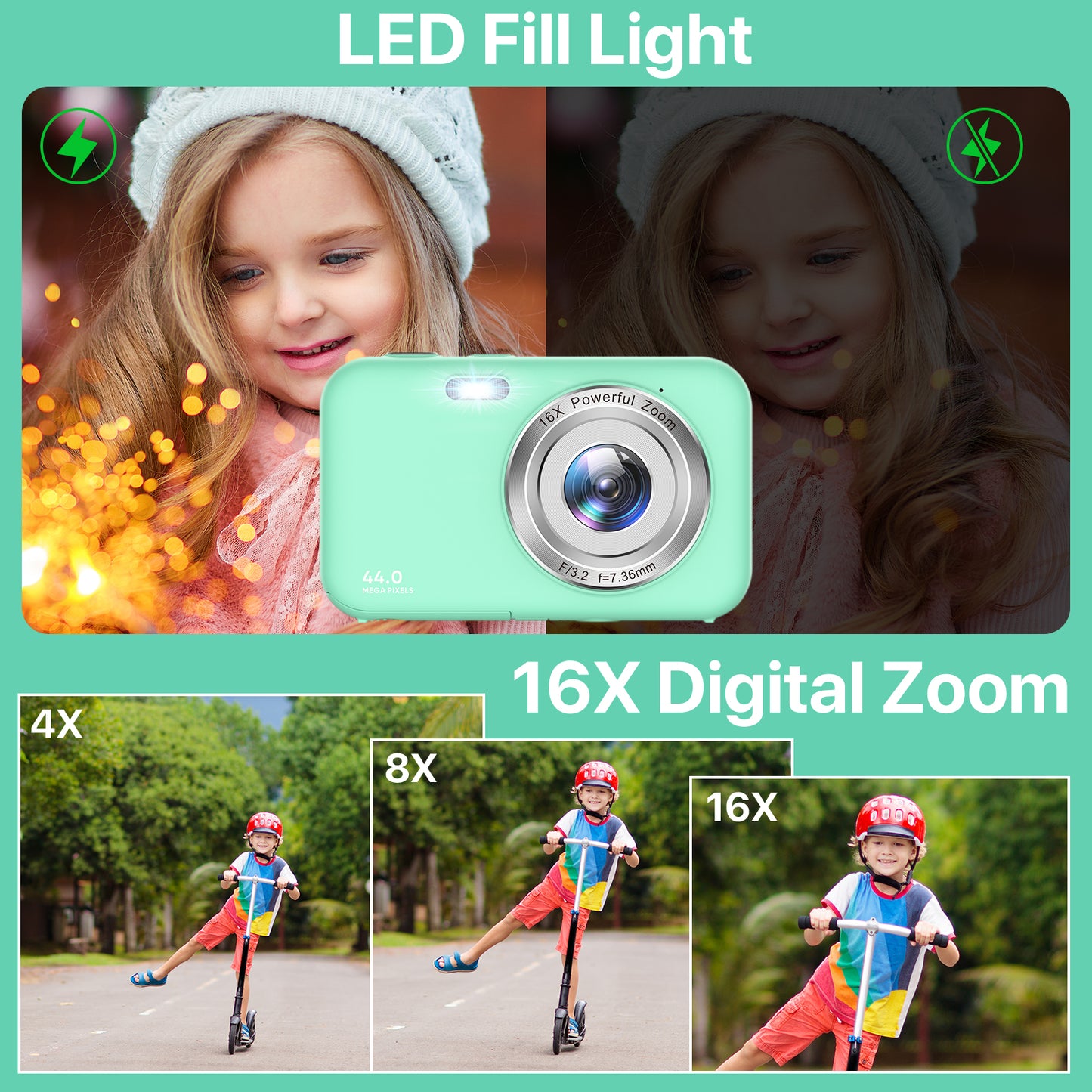 Digital Camera FHD 1080P Camera for Kids 44MP Point and Camera with 32GB Card 16X Zoom Anti Shake Compact Small Vlogging Camera for Teens Boys Girls