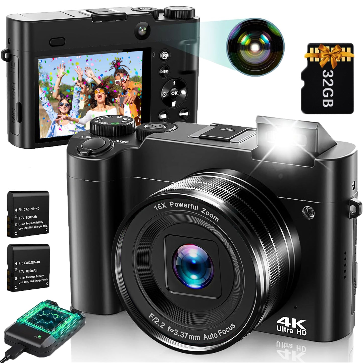 ACTITOP Digital Camera 4K Ultra HD 64MP Vlog Dual Camera for Youtube with 32GB Card,16x Zoom Autofocus Video for Photography
