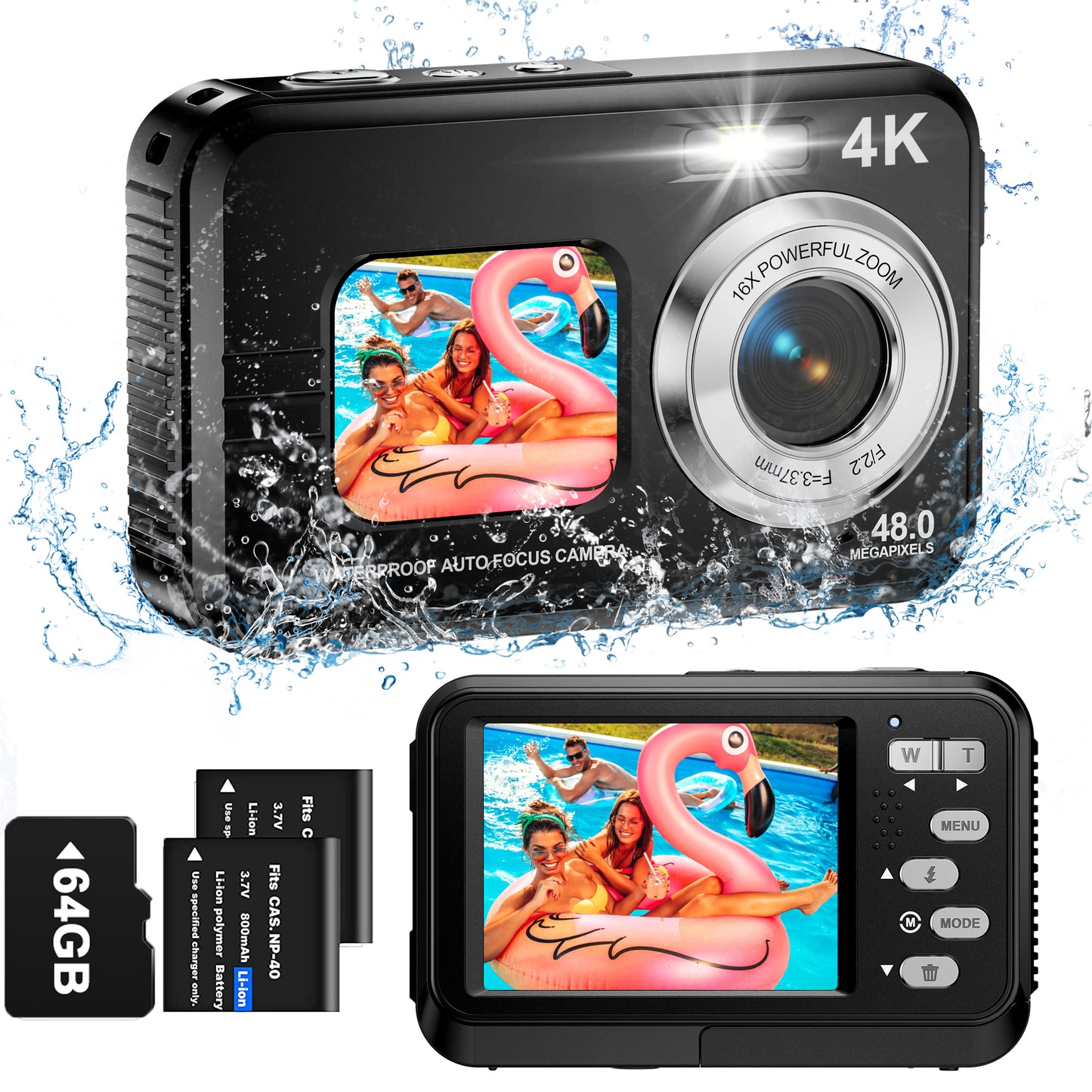 Waterproof Camera 4K Dual Screen Underwater Camera for Snorkeling with 64G SD Card,Action Camera with 16X Digital Zoom 48 MP Autofocus ,2 Battery(Blue)