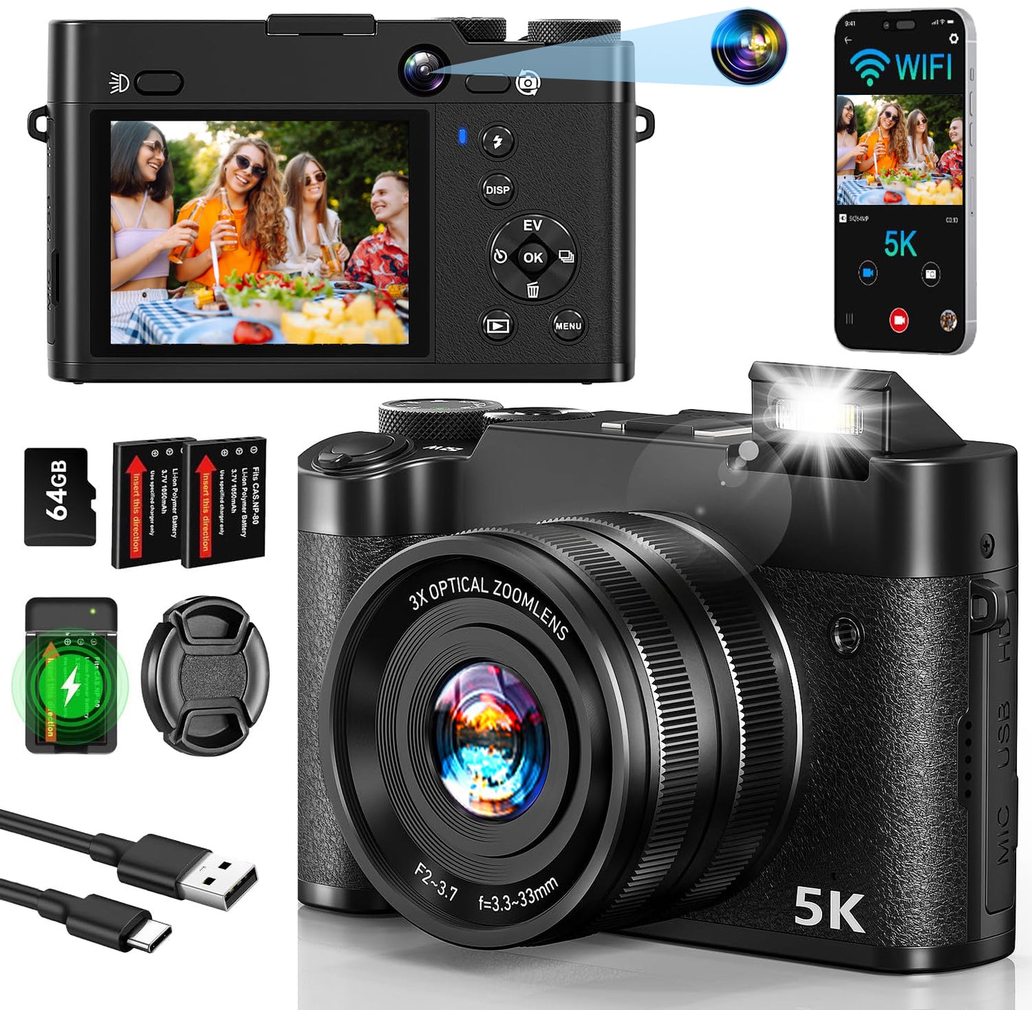 Digital Camera 5K 64MP Cameras for Photography with 6X Optical Zoom,WiFi Dual-Lens Vlogging Camera for YouTube Video with 64GB Card