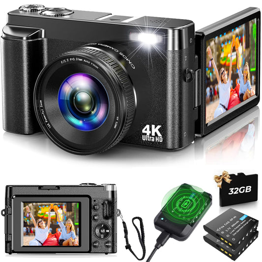 Digital Camera 4K Vlogging Camera for YouTube with 32GB SD Card 180° 3.0 inch Flip Screen 16X Anti-Shake Auto-Focus 48MP Video Camera for Photograph