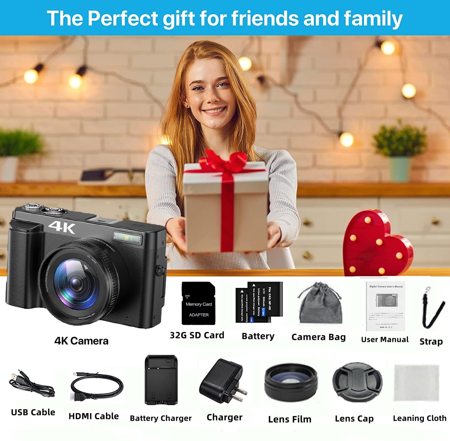 Vlogging Camera 4K Digital Camera for YouTube Autofocus with 32GB SD Card 16X Digital Zoom 48MP Video Cameras Camcorder for Photography