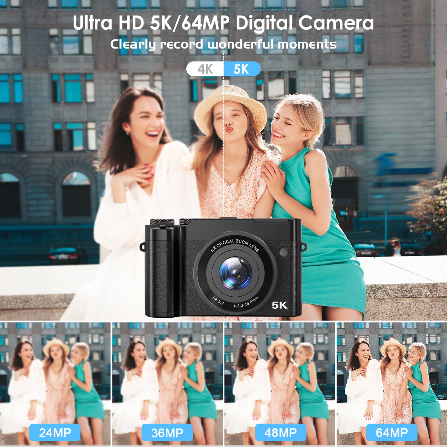 Digital Camera 5K 64MP Cameras for Photography with 6X Optical Zoom,WiFi Dual-Lens Vlogging Camera for YouTube Video with 64GB Card