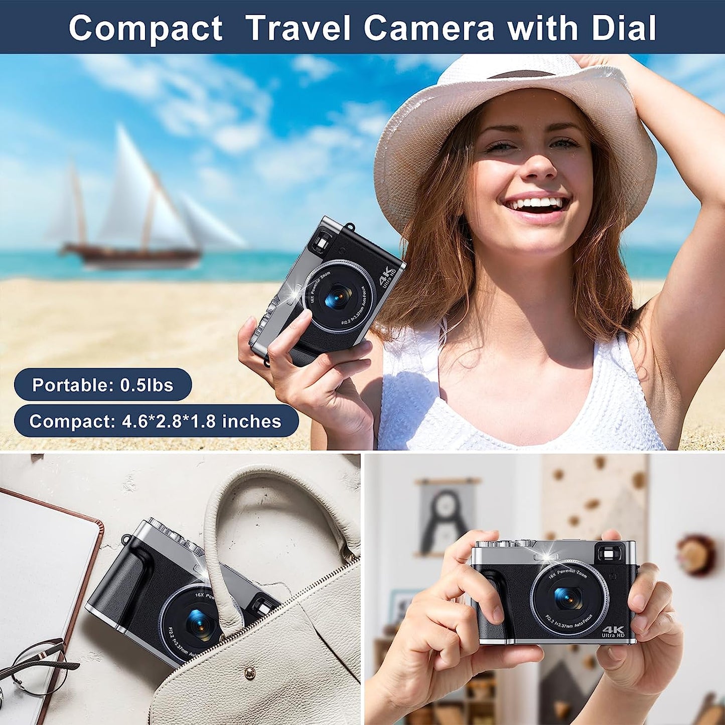 4K Digital Camera for Photography with Viewfinder 48MP Vlogging Camera for YouTube with 32GB Card 16X Autofocus Anti-Shake Travel Portable Video Camera Camcorder