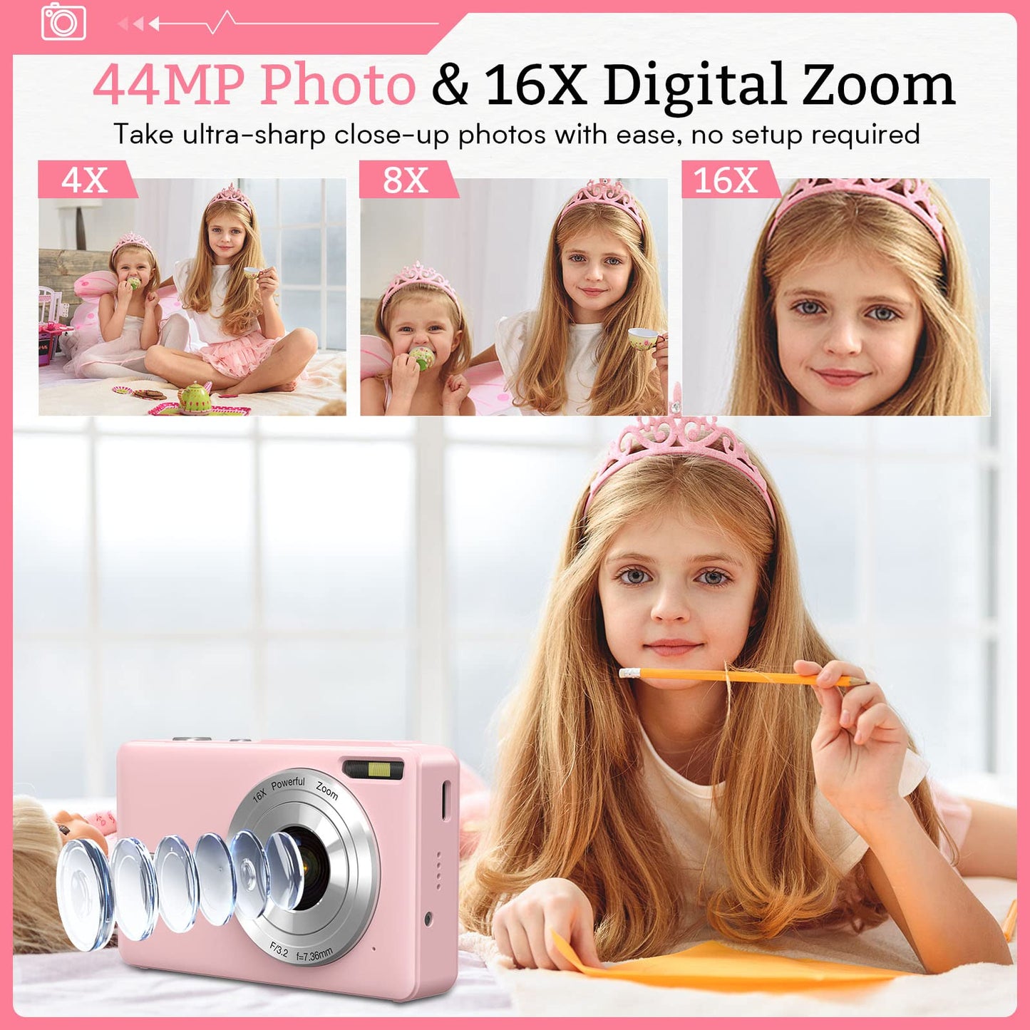 ACTITOP camera 1080P 44MP 16x Digital Zoom Kids Digital Camera, Pink