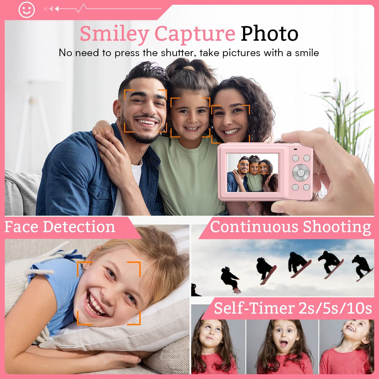 ACTITOP camera 1080P 44MP 16x Digital Zoom Kids Digital Camera, Pink