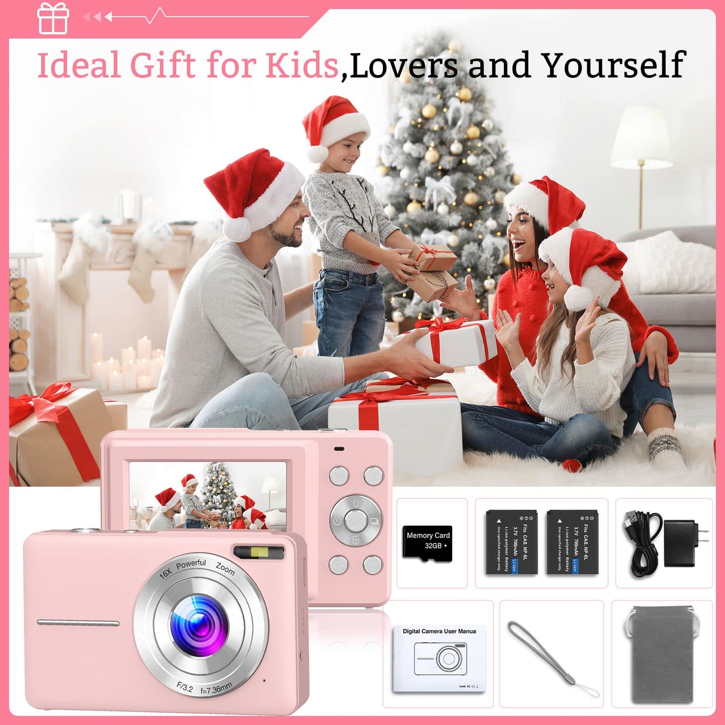 ACTITOP camera 1080P 44MP 16x Digital Zoom Kids Digital Camera, Pink