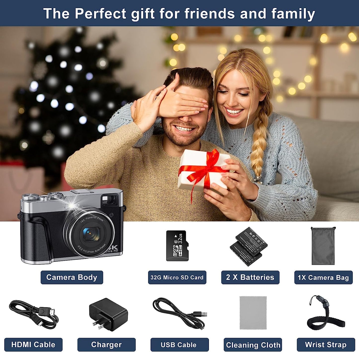4K Digital Camera for Photography with Viewfinder 48MP Vlogging Camera for YouTube with 32GB Card 16X Autofocus Anti-Shake Travel Portable Video Camera Camcorder